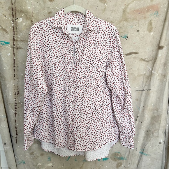 Grayson the Hero Flannel Button Down Blouse in White Red Floral - Picture 2 of 6